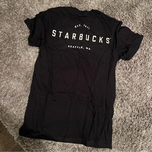 Starbucks Black Short Sleeve Tee with White Text small shirt back print